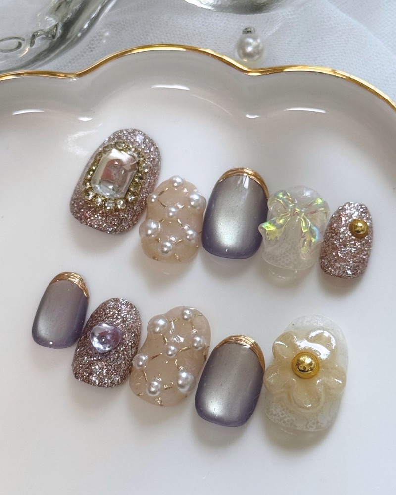 レースとパールの宝石箱ネイル/ホワイト