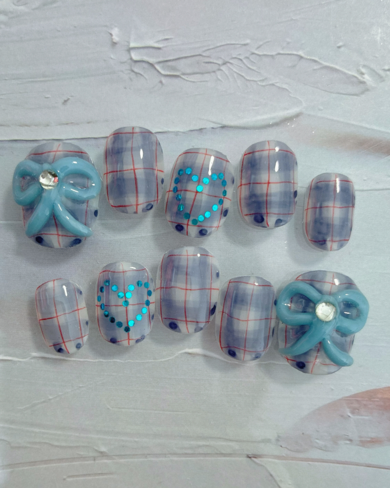 あおりぼんチェックネイル/ぷっくり/リボン