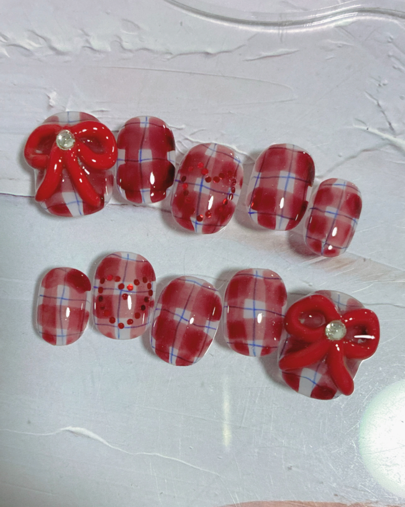 あかりぼんチェックネイル/ぷっくり/リボン